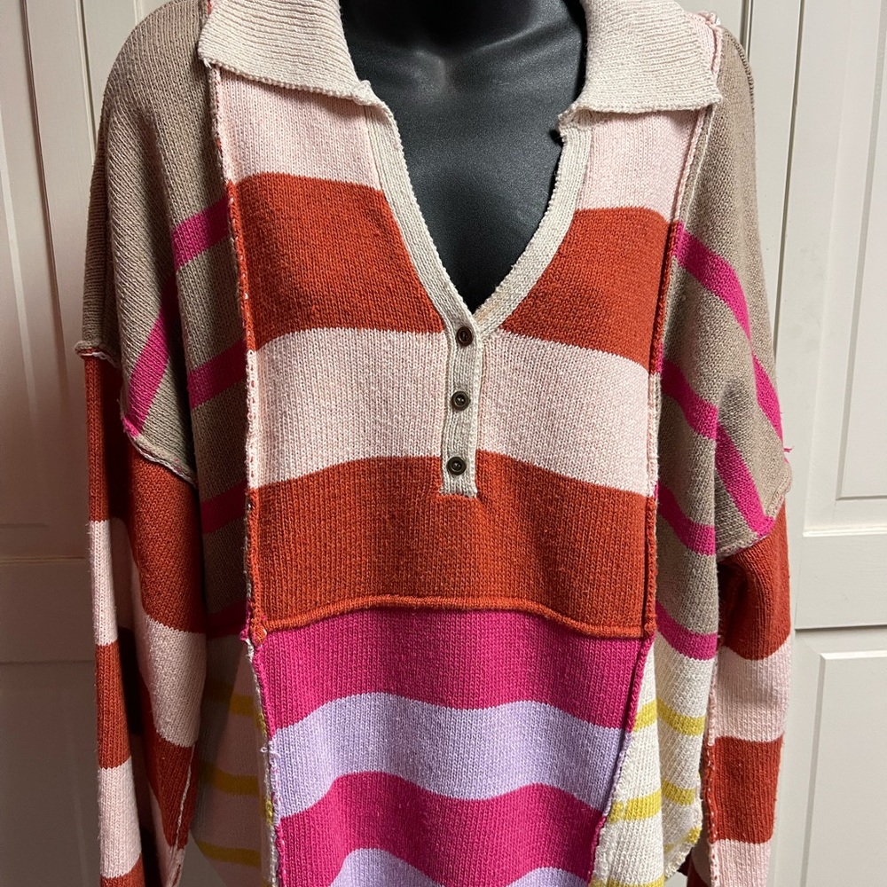 BiBi Pink and Orange V-Neck Sweater